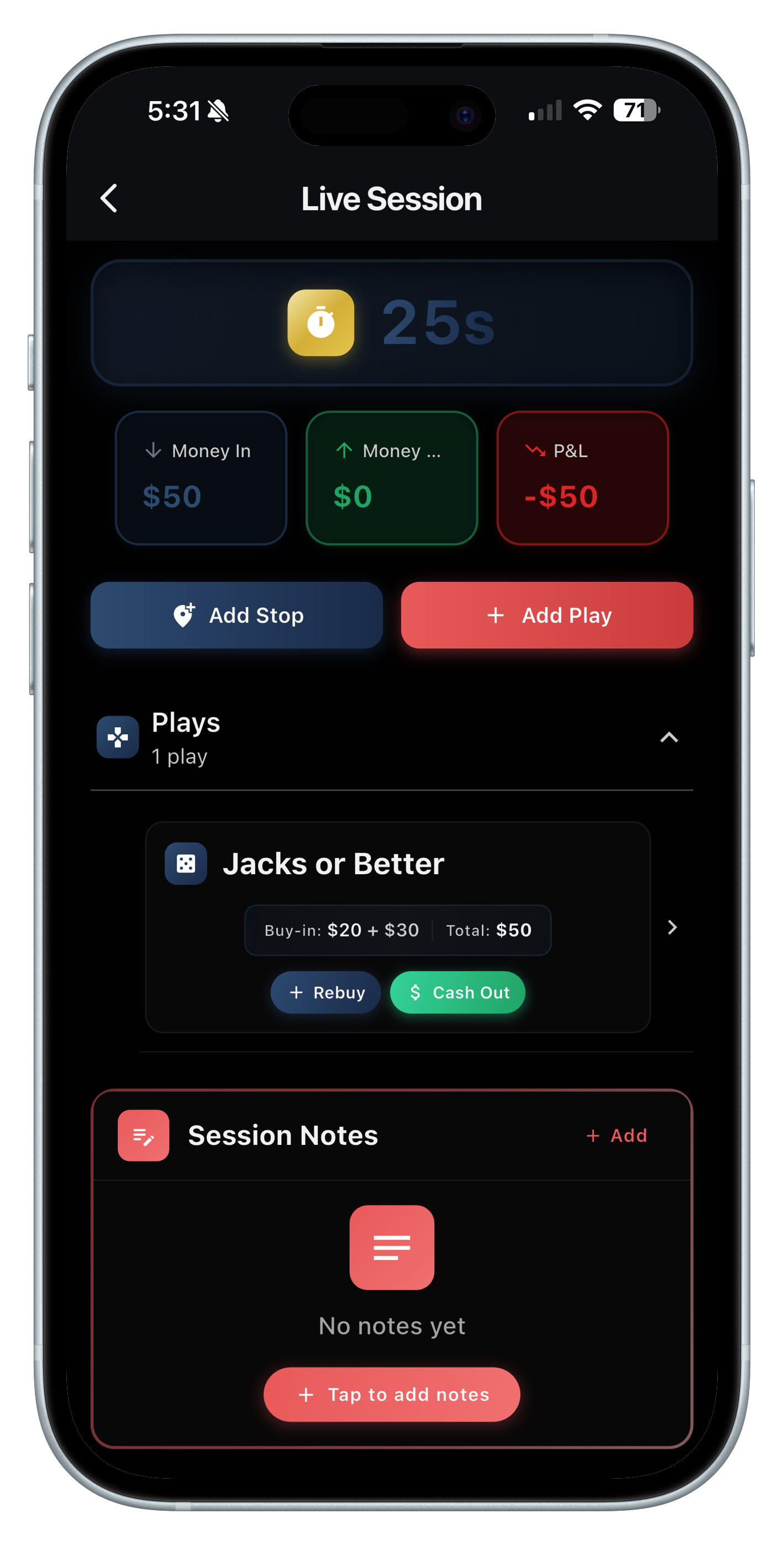SlotNearMe Live Session View showing real-time tracking with timer and P&L